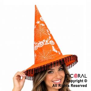 SOMBRERO BRUJA HALLOWEEN NARANJA CON FLECOS